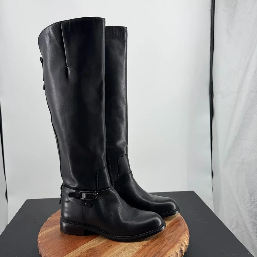 Franco Sarto Hadley Black Leather Tall Riding Boots Equestrian Flat Buckle 6‎